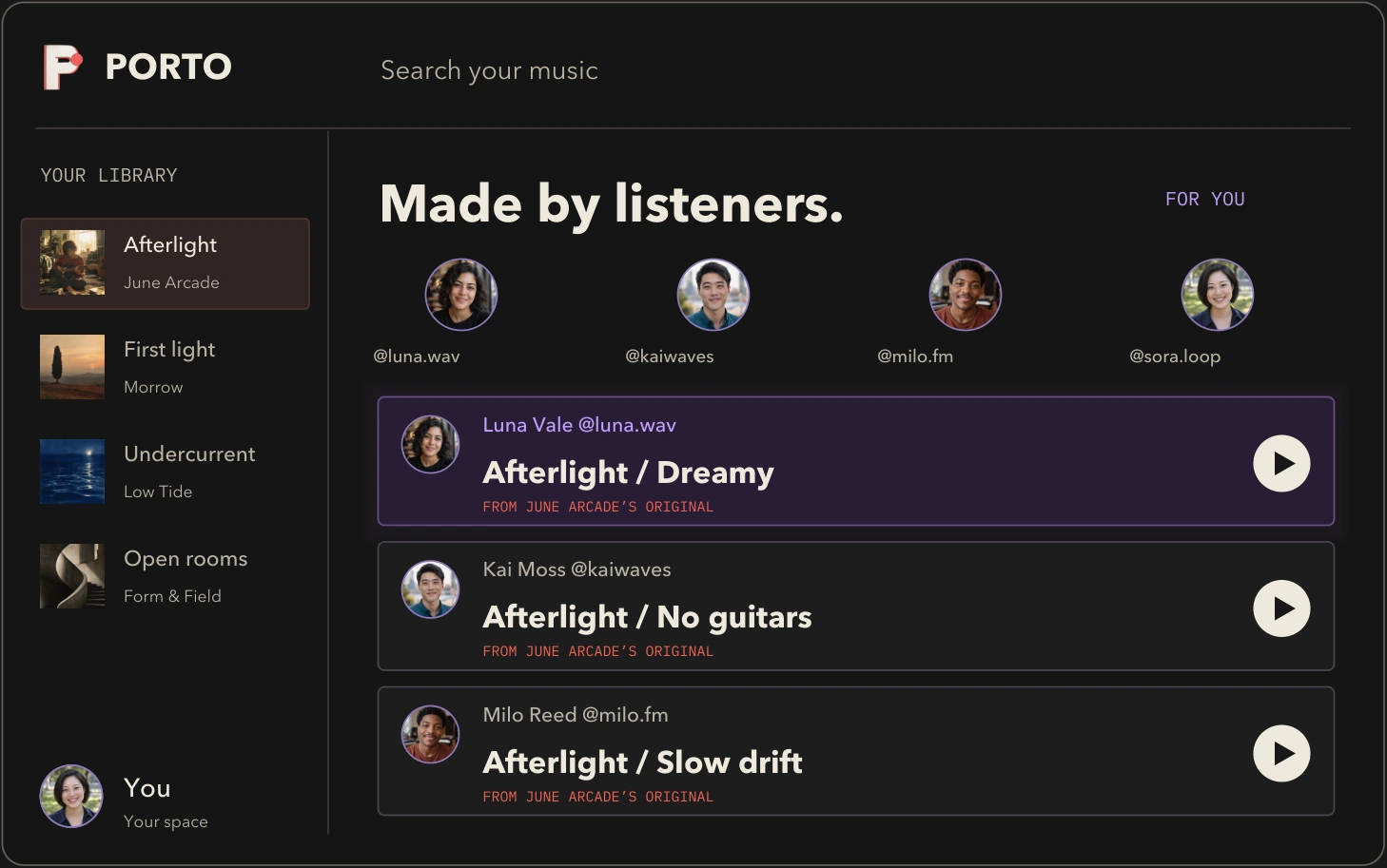 Porto creator feed concept showing three listener variations of Afterlight: Dreamy, No guitars and Slow drift, with creator portraits and the source artist credited.